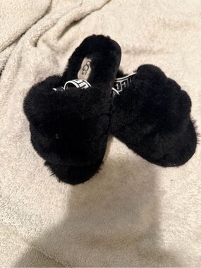 UGG Black Plush Fluffy Slide Sandals